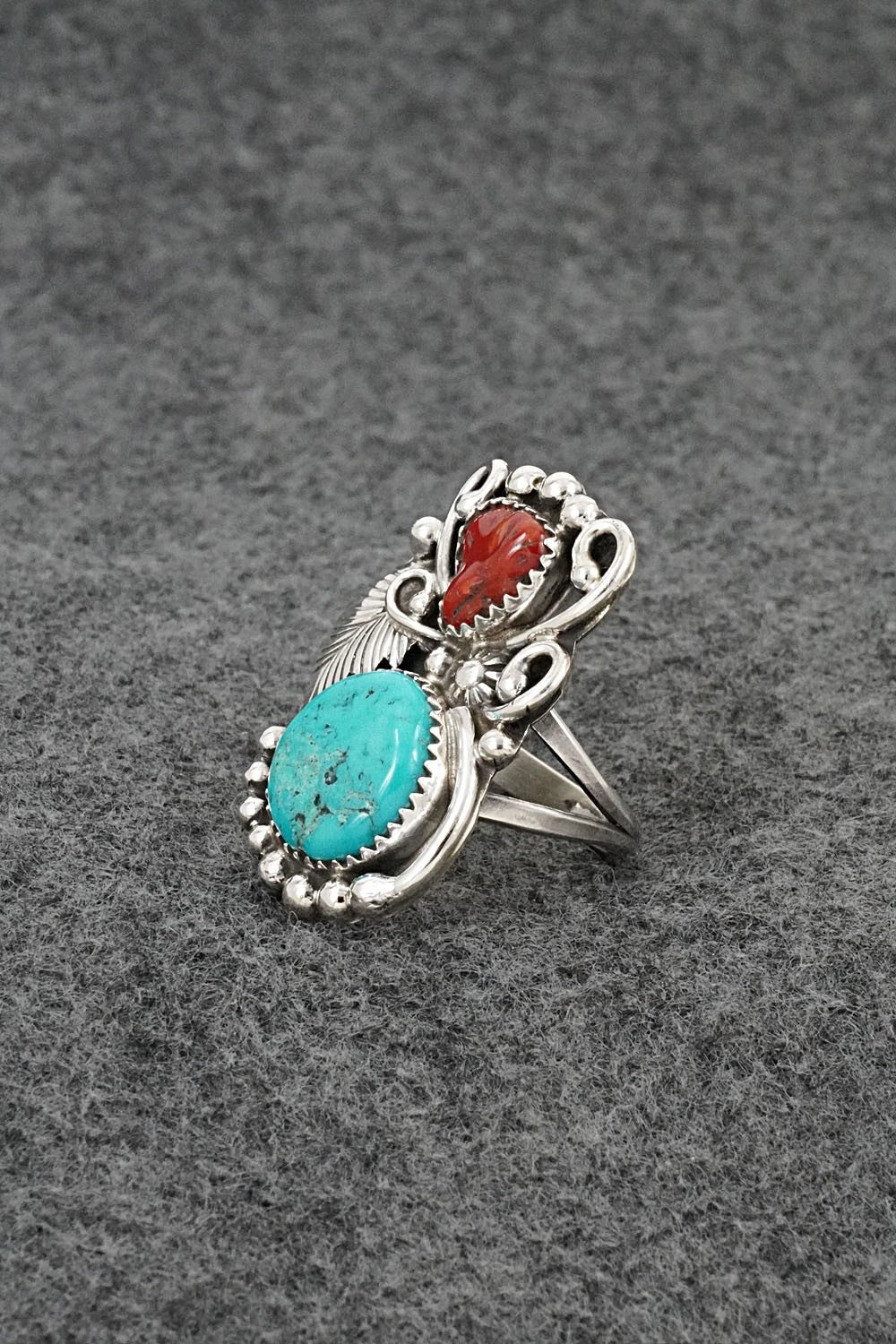 Turquoise, Coral & Sterling Silver Ring - Herbert Begaye - Size 7