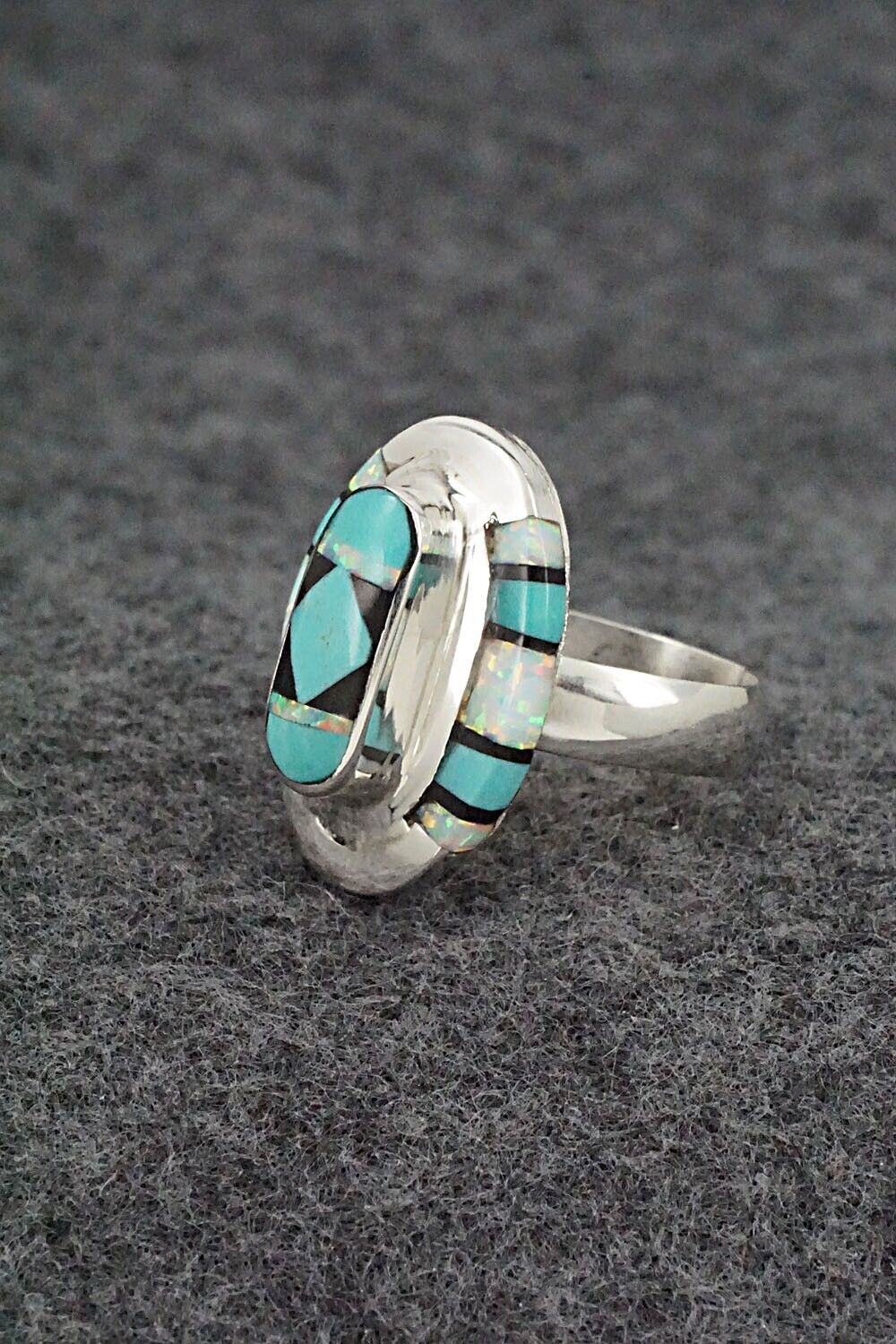 Turquoise, Onyx, Opalite & Sterling Silver Ring - Ophelia Panteah - Sz. 6.75