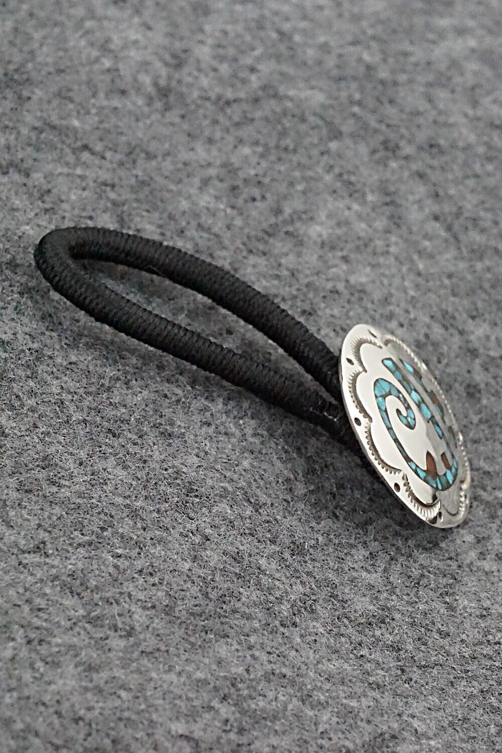 Turquoise, Coral Chip Inlay & Sterling Silver Hair Tie - Joleen Yazzie