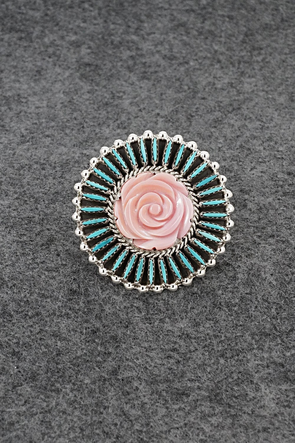 Turquoise, Pink Conch & Sterling Silver Ring - Roland Francisco - Size Adj.