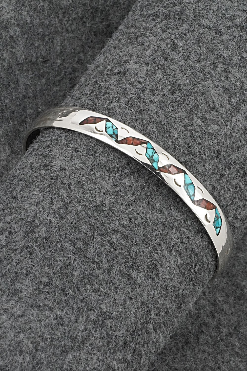 Turquoise, Coral Chip Inlay & Sterling Silver Bracelet - Joleen Yazzie