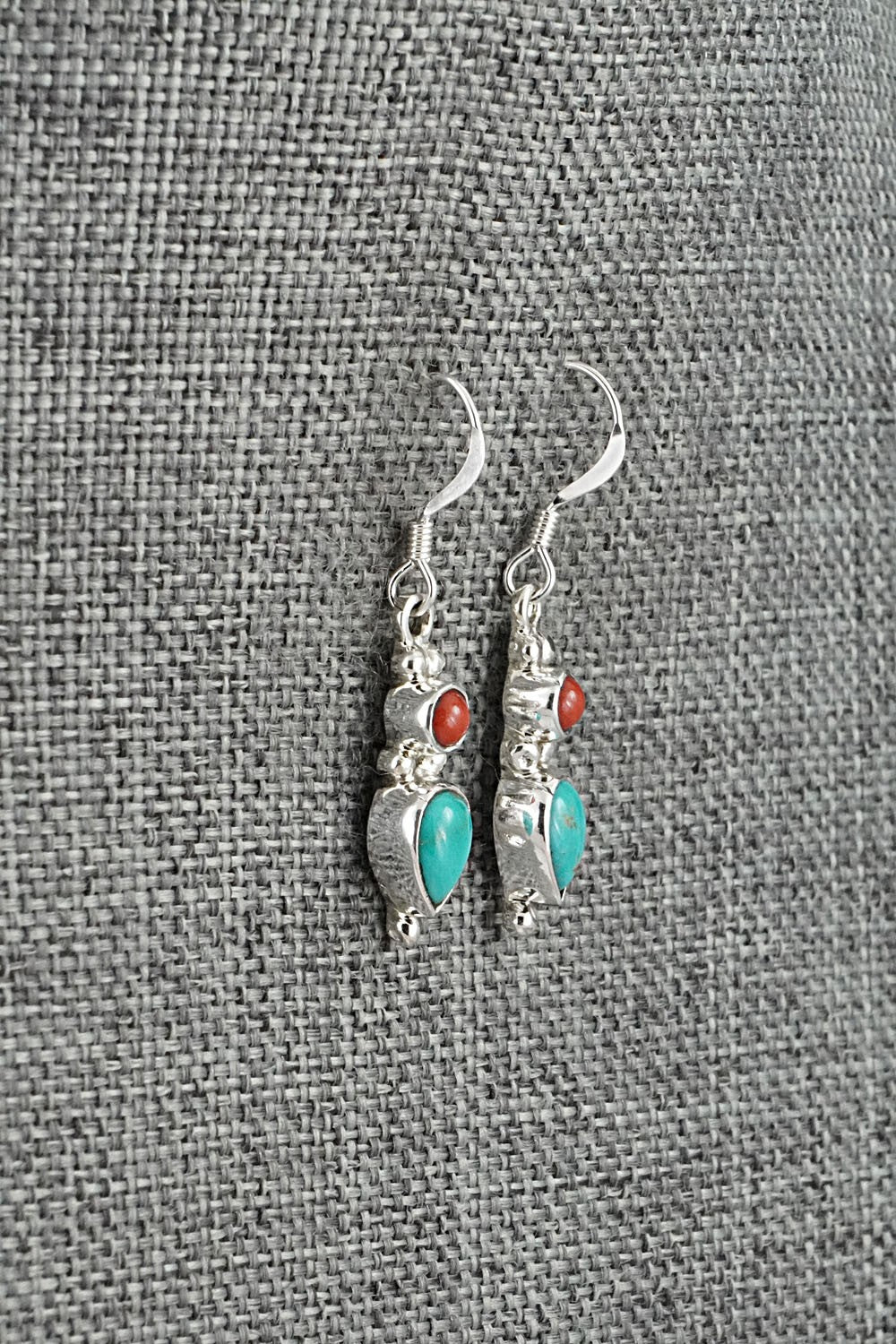 Turquoise, Coral & Sterling Silver Earrings - Gary Shorty