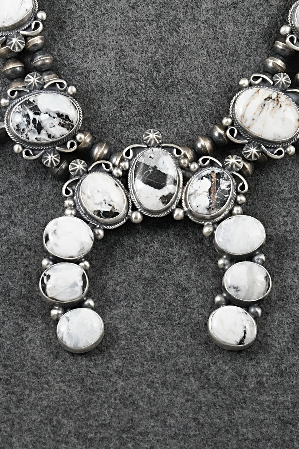 White Buffalo & Sterling Silver Squash Blossom Set - Paul Livingston