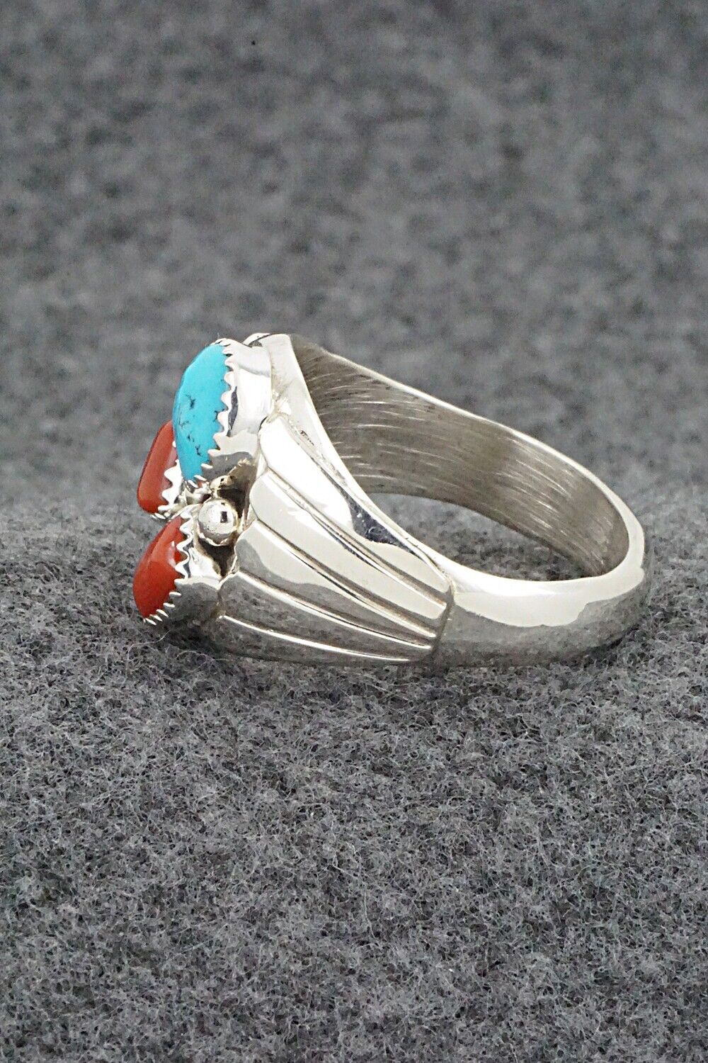 Turquoise, Coral & Sterling Silver Ring - Anna Spencer - 13.5