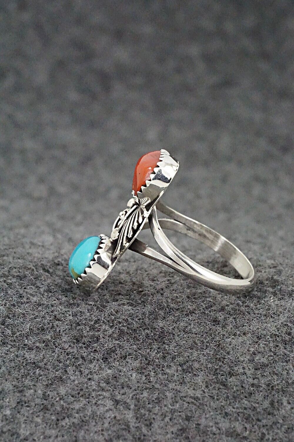 Coral, Turquoise & Sterling Silver Ring - Alice Rose Saunders - Size 8.5