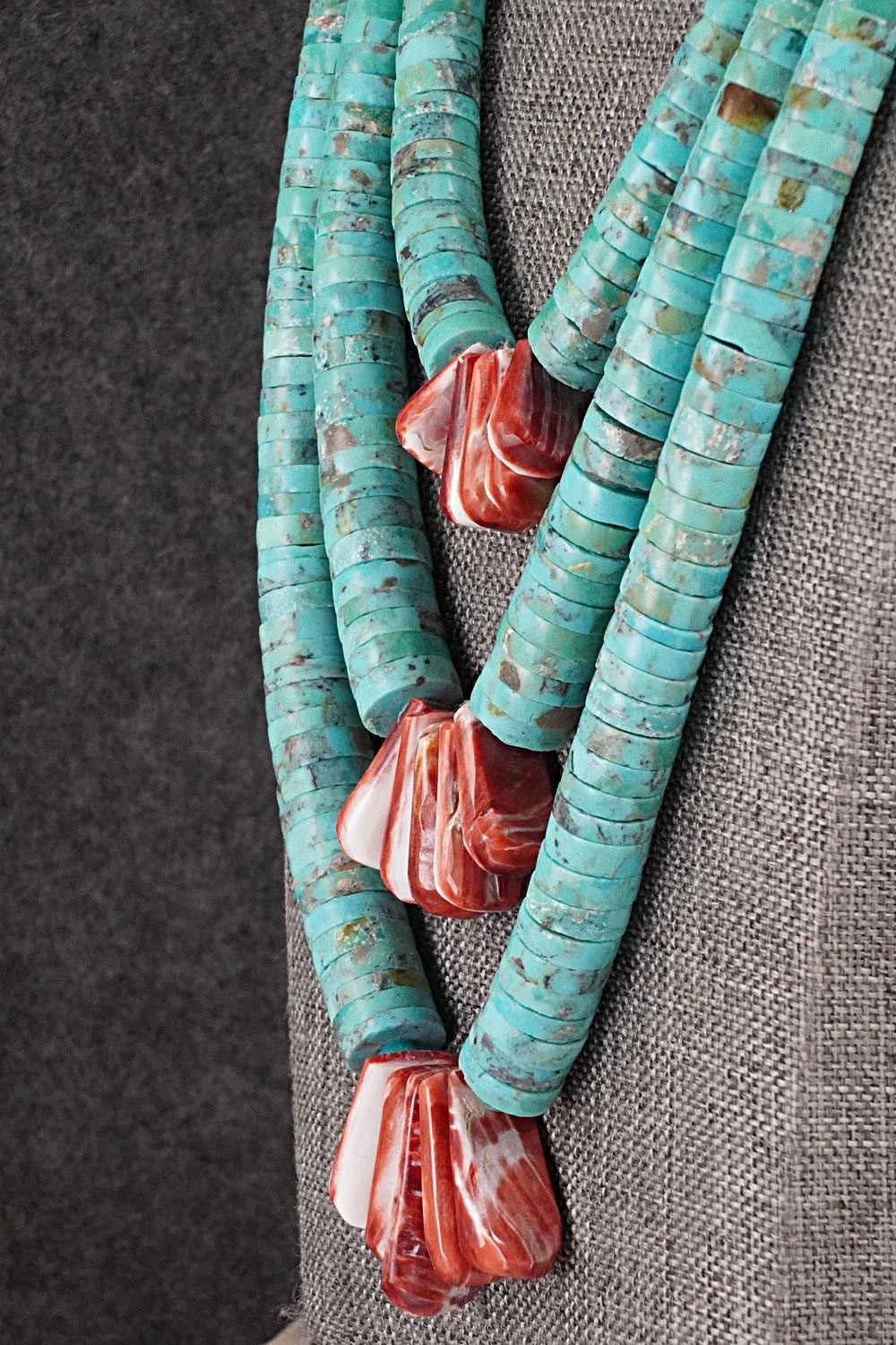 Turquoise, Spiny Oyster and Sterling Silver Necklace - Lupe Lovato