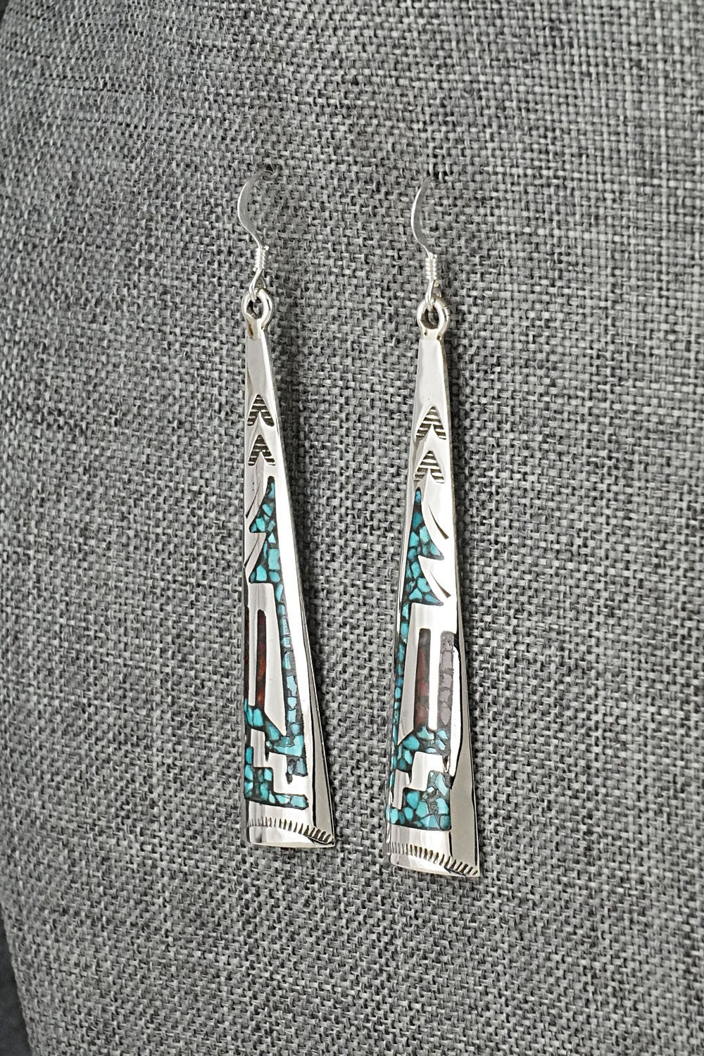 Turquoise, Coral Chip & Sterling Silver Earrings - Joleen Yazzie