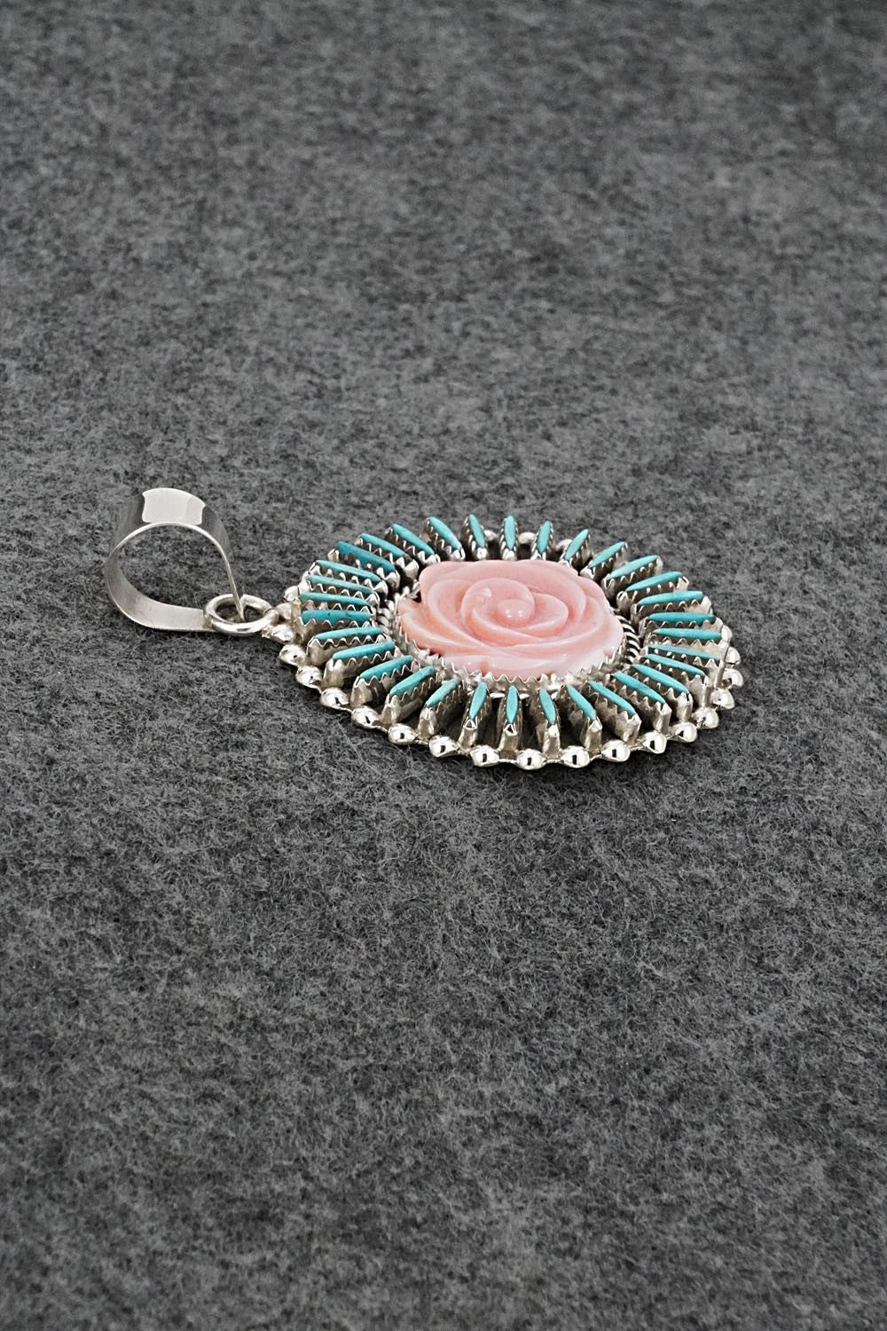 Turquoise, Pink Conch & Sterling Silver Pendant - Roland Francisco