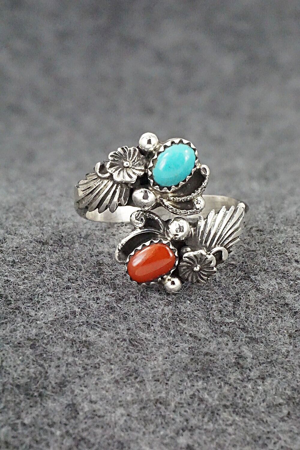 Turquoise, Coral & Sterling Silver Ring - Etta Belin - Size 10