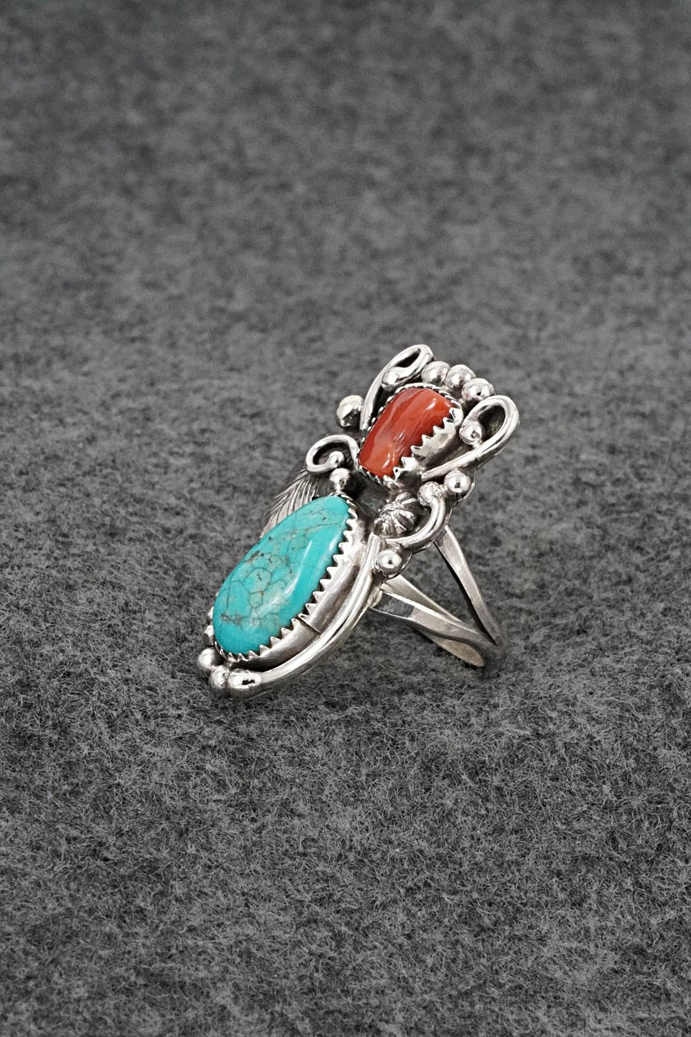 Turquoise, Coral & Sterling Silver Ring - Herbert Begaye - Size 9.5