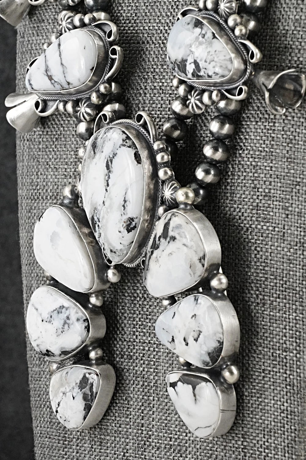 White Buffalo & Sterling Silver Squash Blossom Set - Paul Livingston