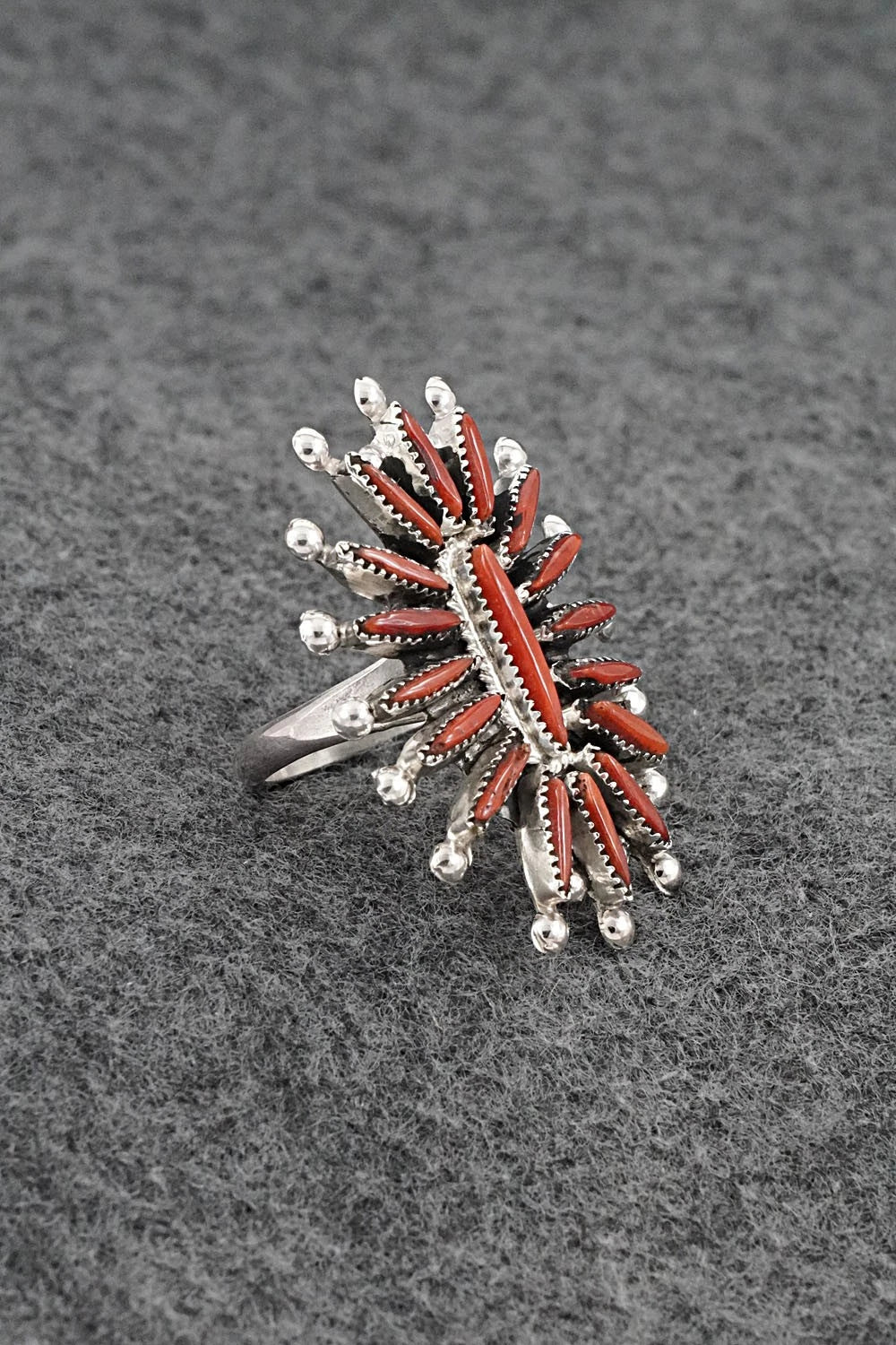 Coral & Sterling Silver Ring - Jack Etsate - Size 7.5