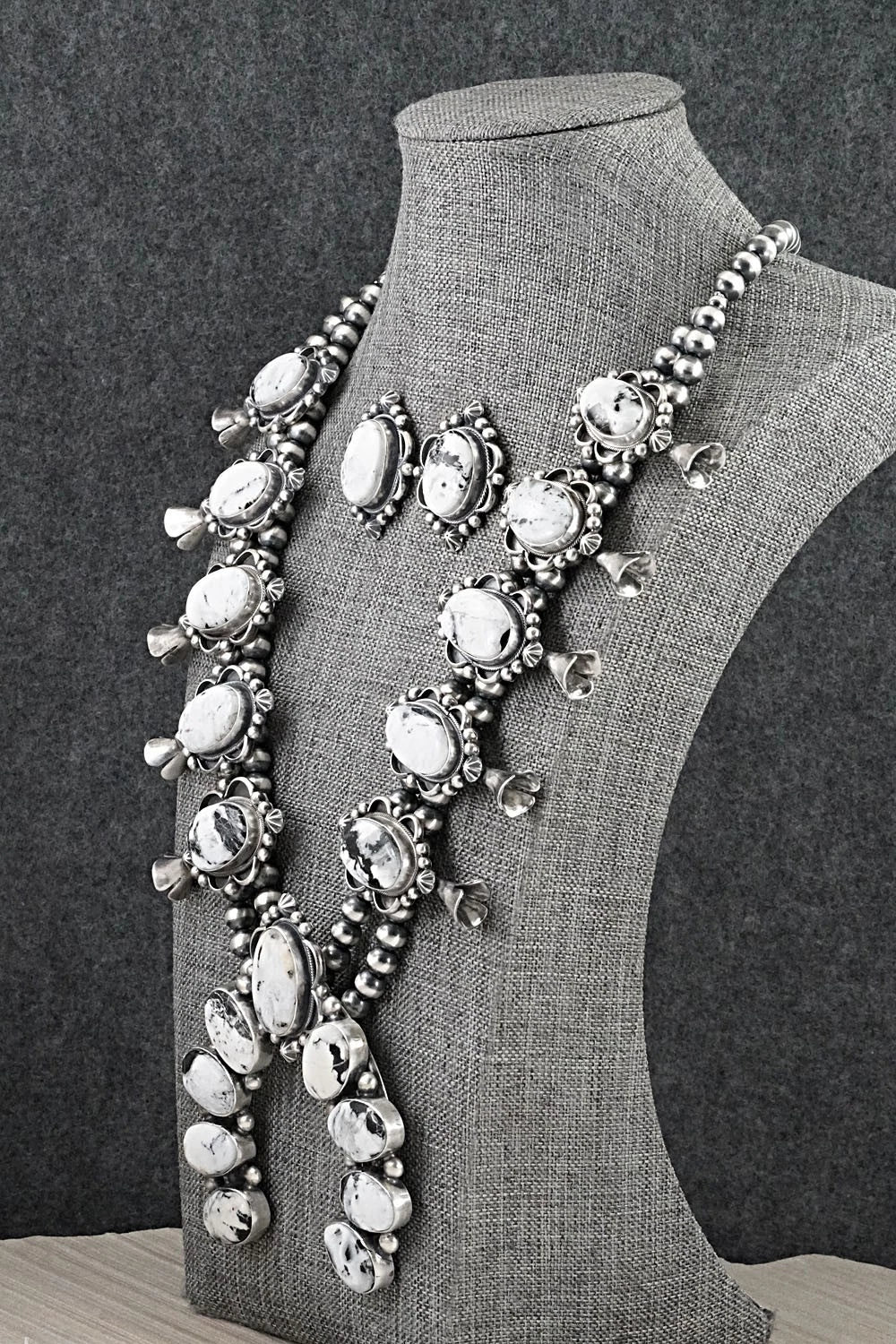 White Buffalo & Sterling Silver Squash Blossom Set - Paul Livingston