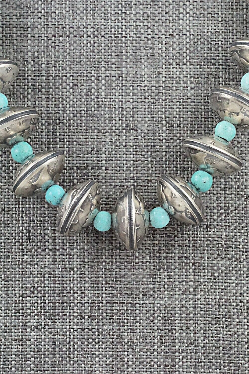 Turquoise & Handmade Mercury Dime Bead Sterling Silver Necklace - Julius Burbank