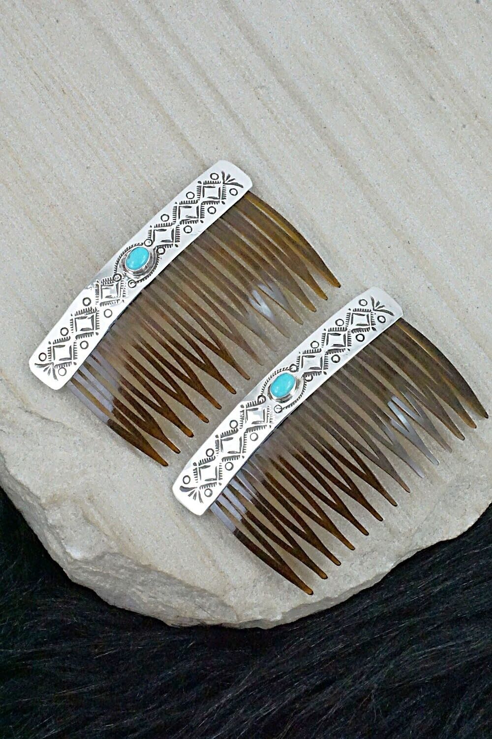 Turquoise & Sterling Silver Hair Combs - Jeannie Blackgoat