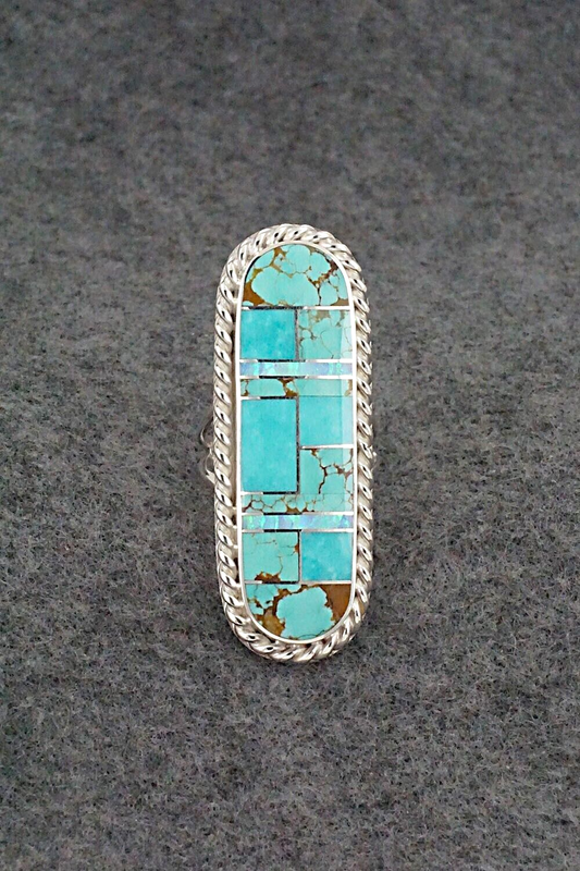 Turquoise, Opalite & Sterling Silver Inlay Ring - Curtis Manygoats - Size 7.5