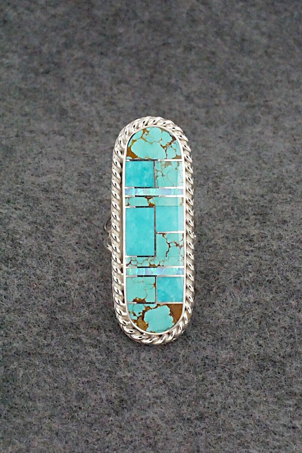 Turquoise, Opalite & Sterling Silver Inlay Ring - Curtis Manygoats - Size 7.5