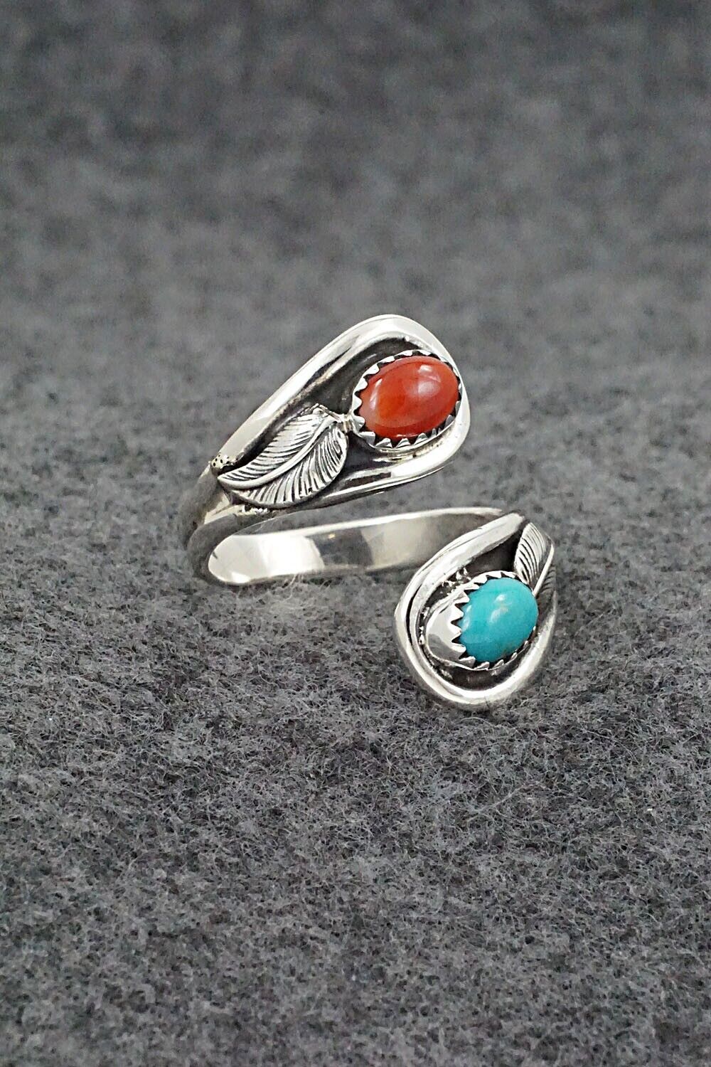 Turquoise, Coral & Sterling Silver Ring - Angela Platero - Size 10
