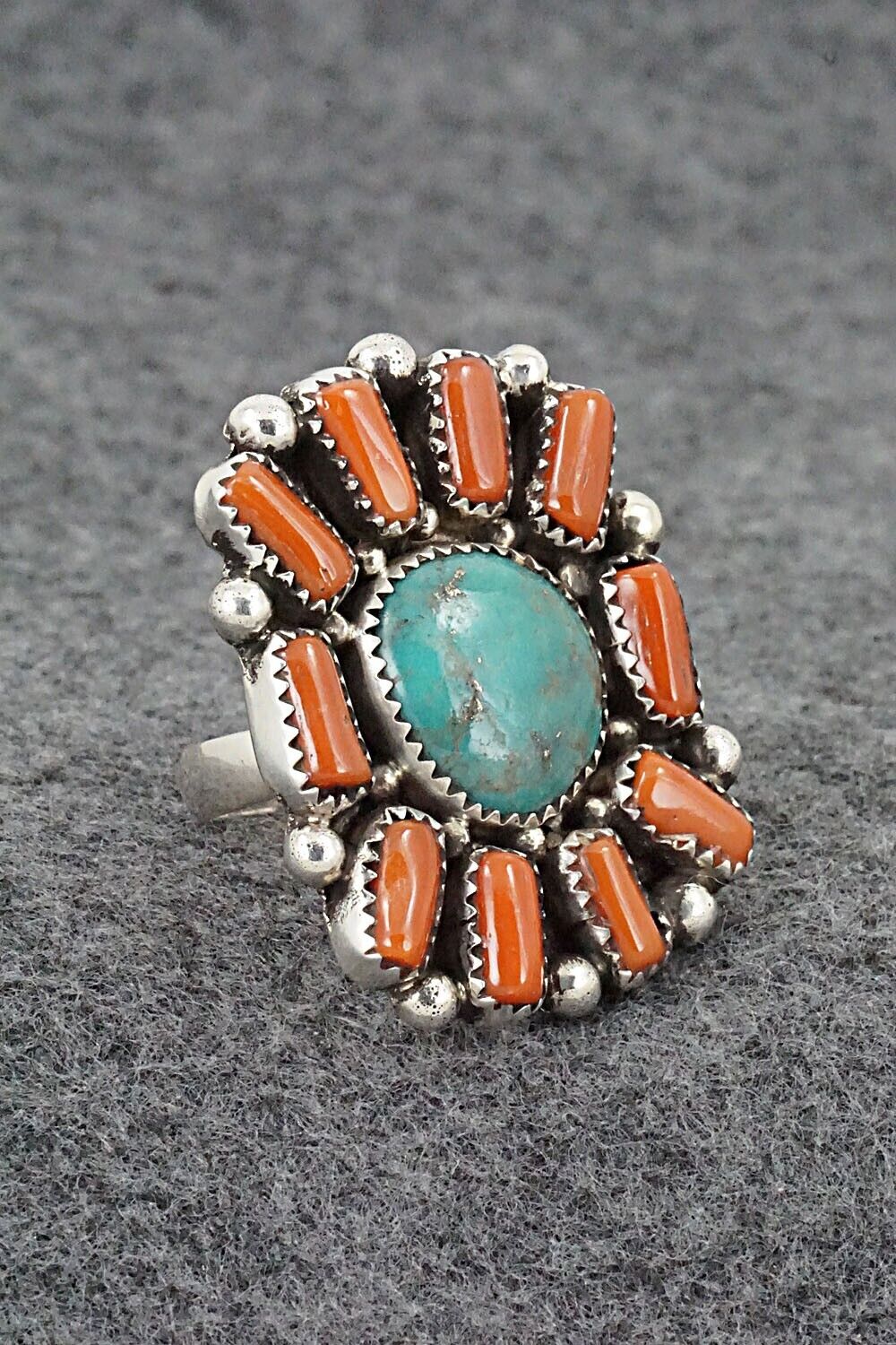 Turquoise, Coral & Sterling Silver Ring - Priscilla Reeder - Size 8.5