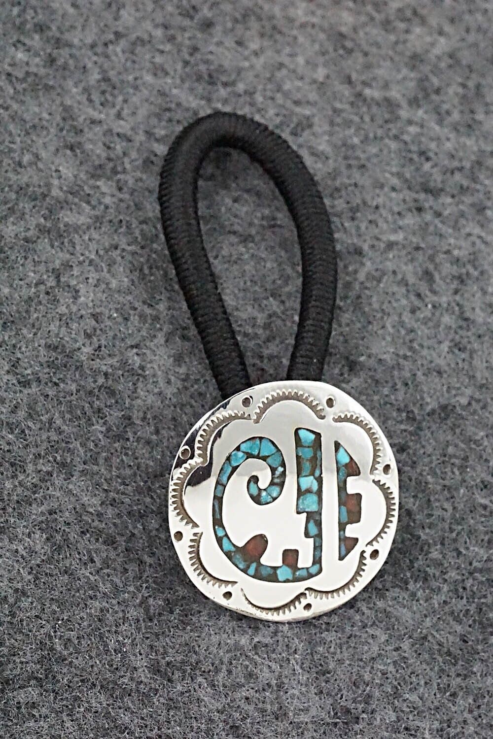 Turquoise, Coral Chip Inlay & Sterling Silver Hair Tie - Joleen Yazzie