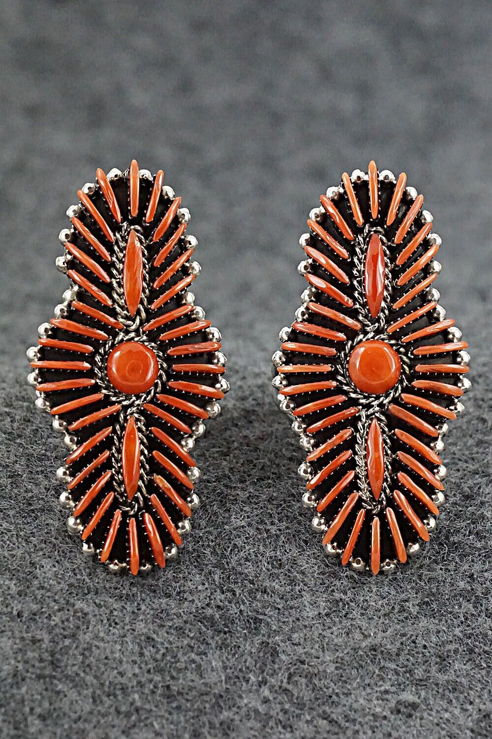 Coral & Sterling Silver Squash Blossom Set - Edmund Cooeyate