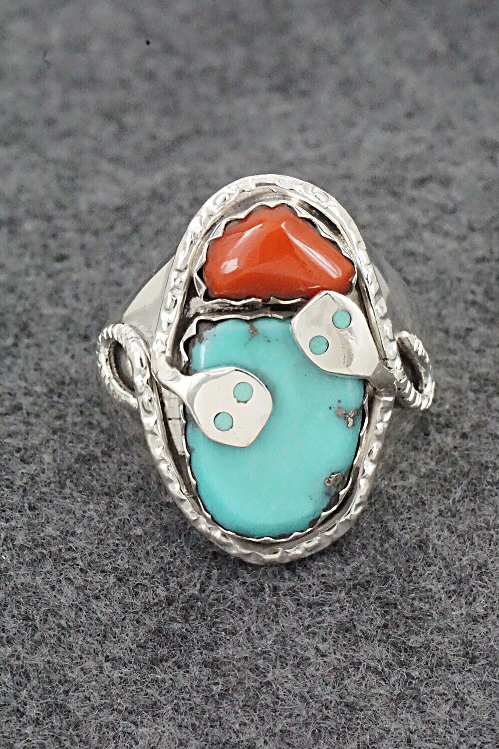 Turquoise, Coral & Sterling Silver Ring - Joy Calavaza - Size 13