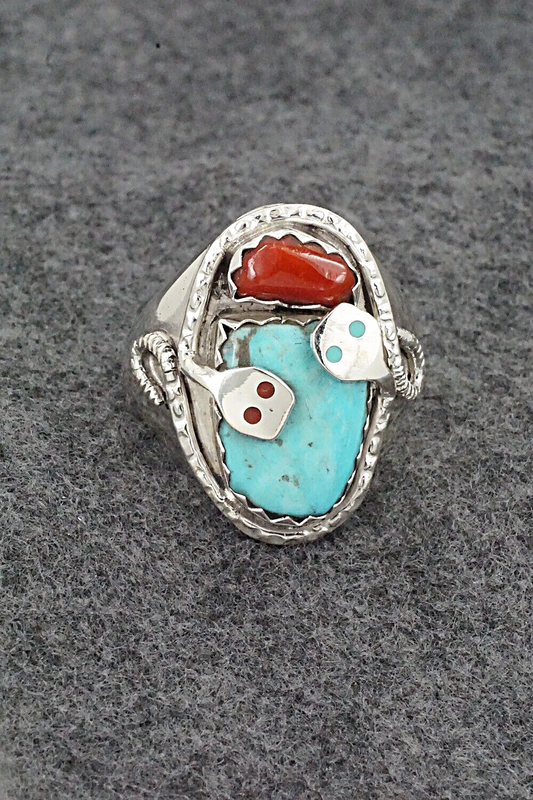 Turquoise, Coral & Sterling Silver Ring - Joy Calavaza - Size 12.5