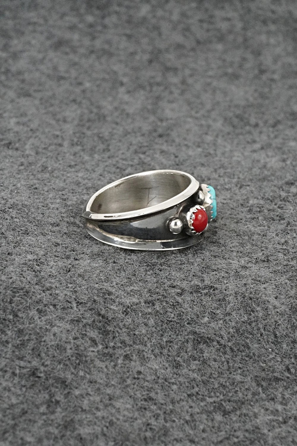 Turquoise, Coral & Sterling Silver Ring - Paul Largo - Size 9
