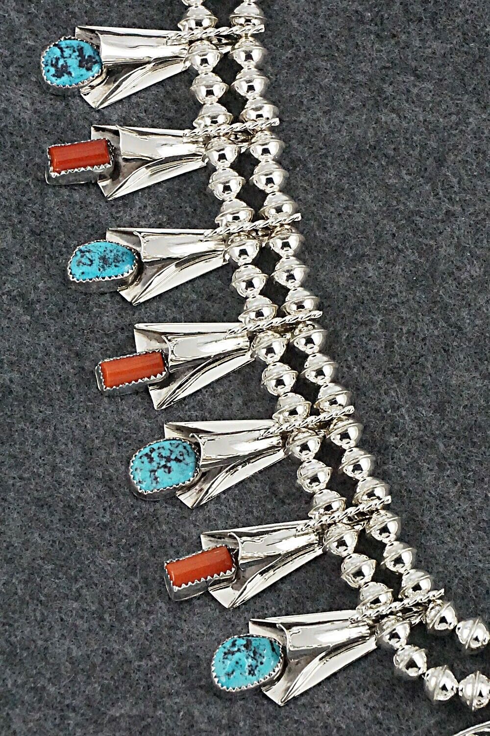 Turquoise, Coral & Sterling Silver Squash Blossom Set - Louise Yazzie