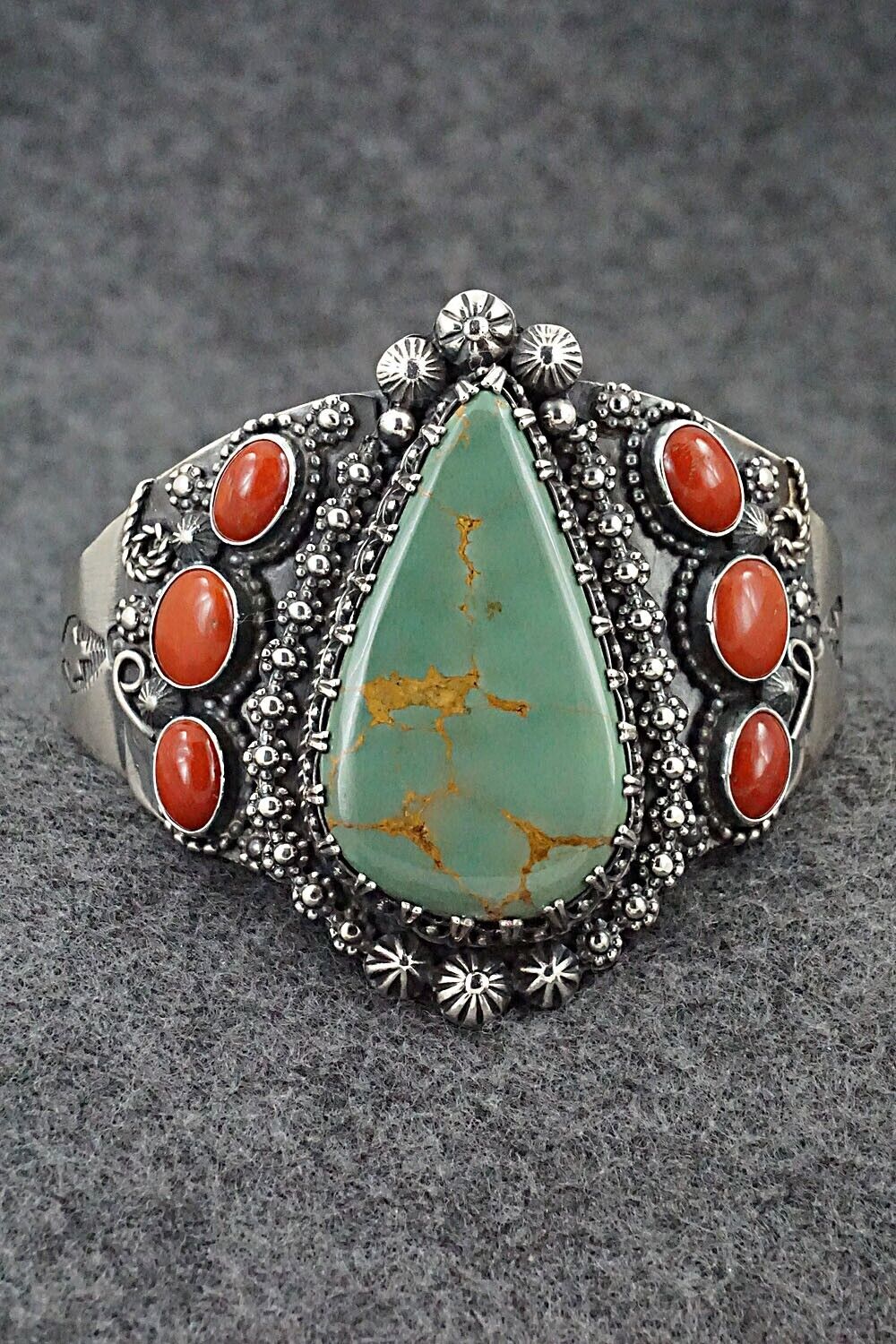 Turquoise, Coral & Sterling Silver Bracelet - Readda Begay