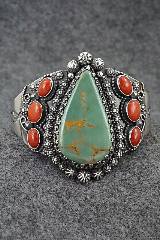 Turquoise, Coral & Sterling Silver Bracelet - Readda Begay