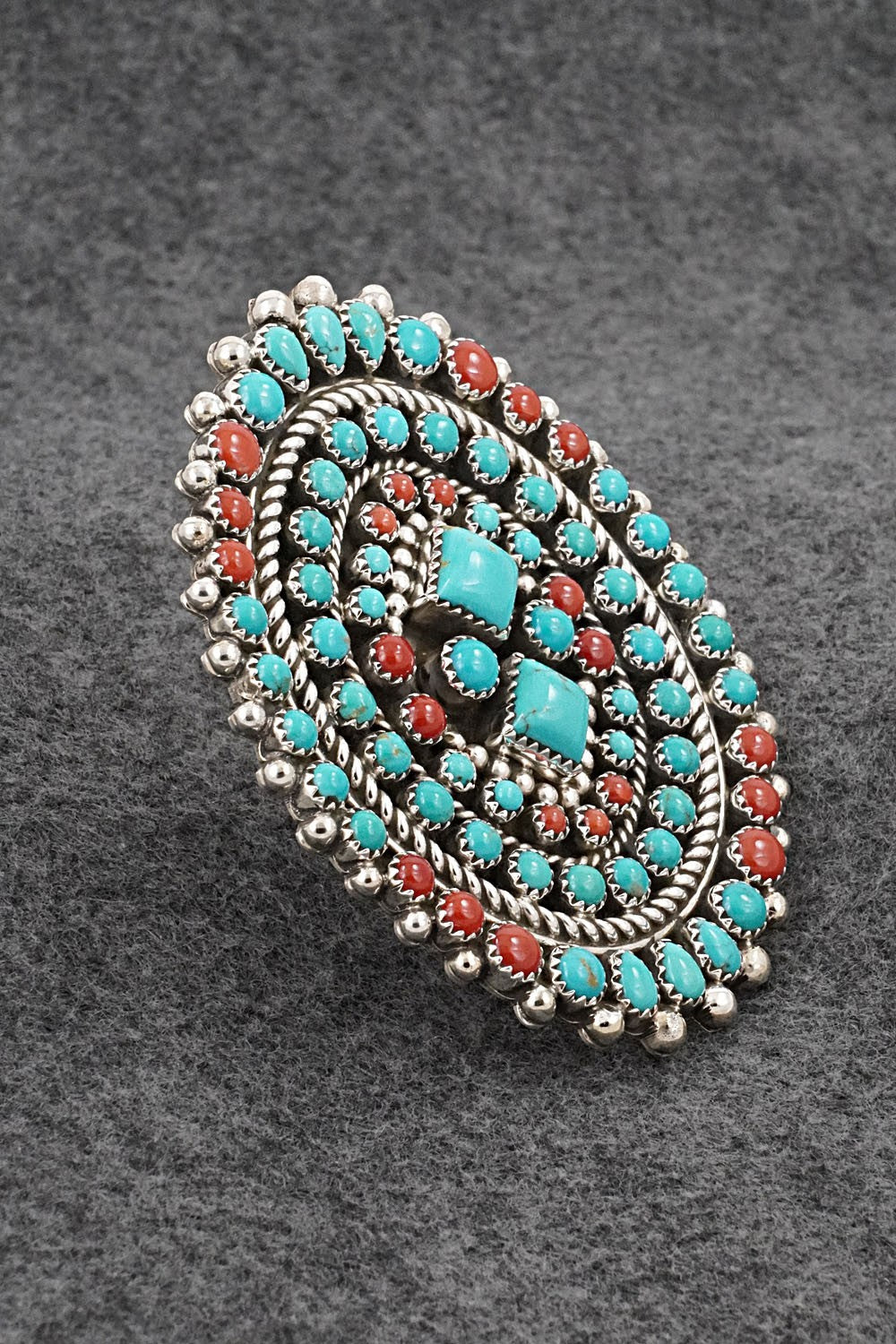 Turquoise, Coral and Sterling Silver Ring - Tina Jones - Size 8 Adj.