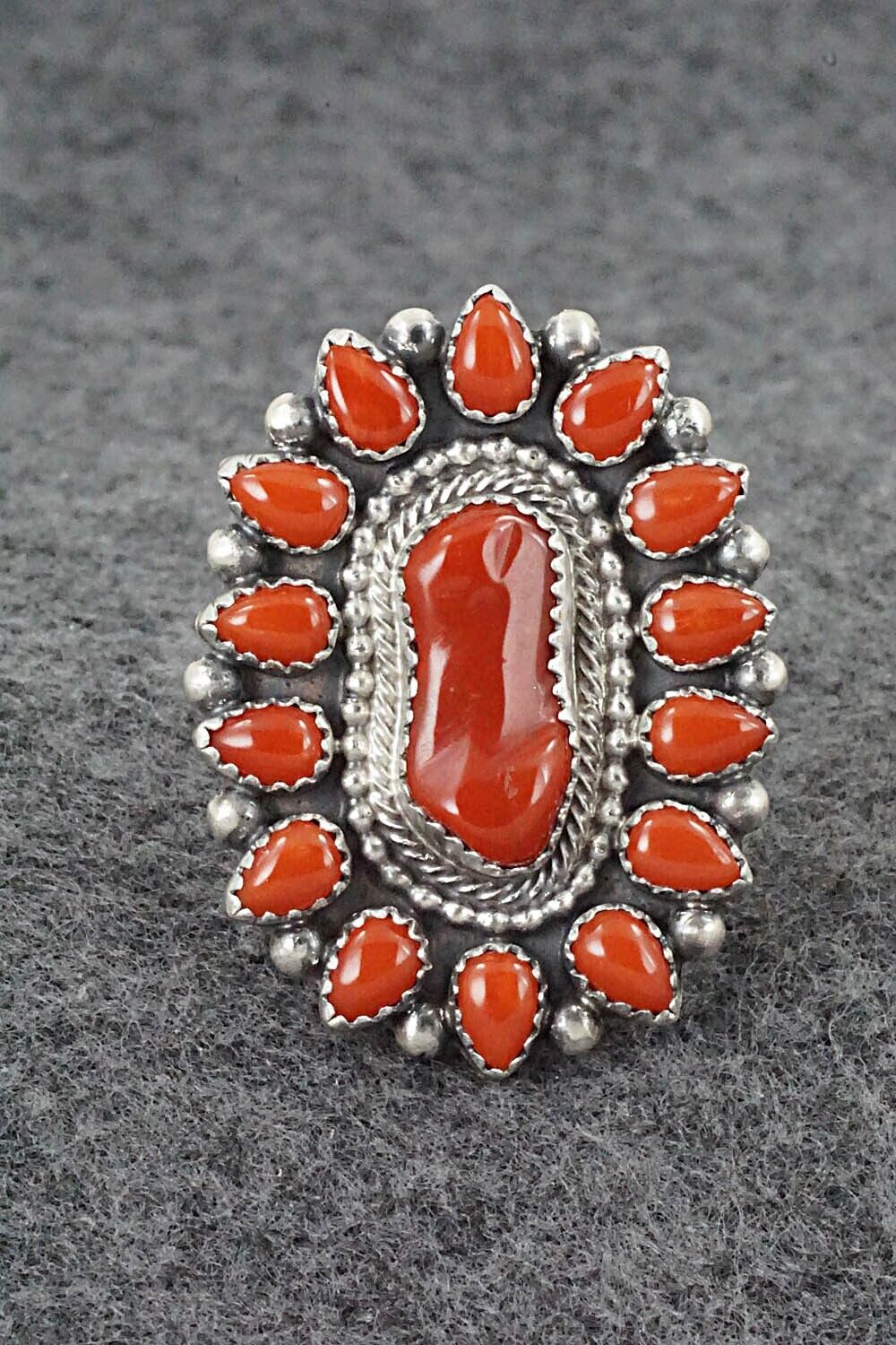 Coral & Sterling Silver Ring - Tom Lewis - Size 8