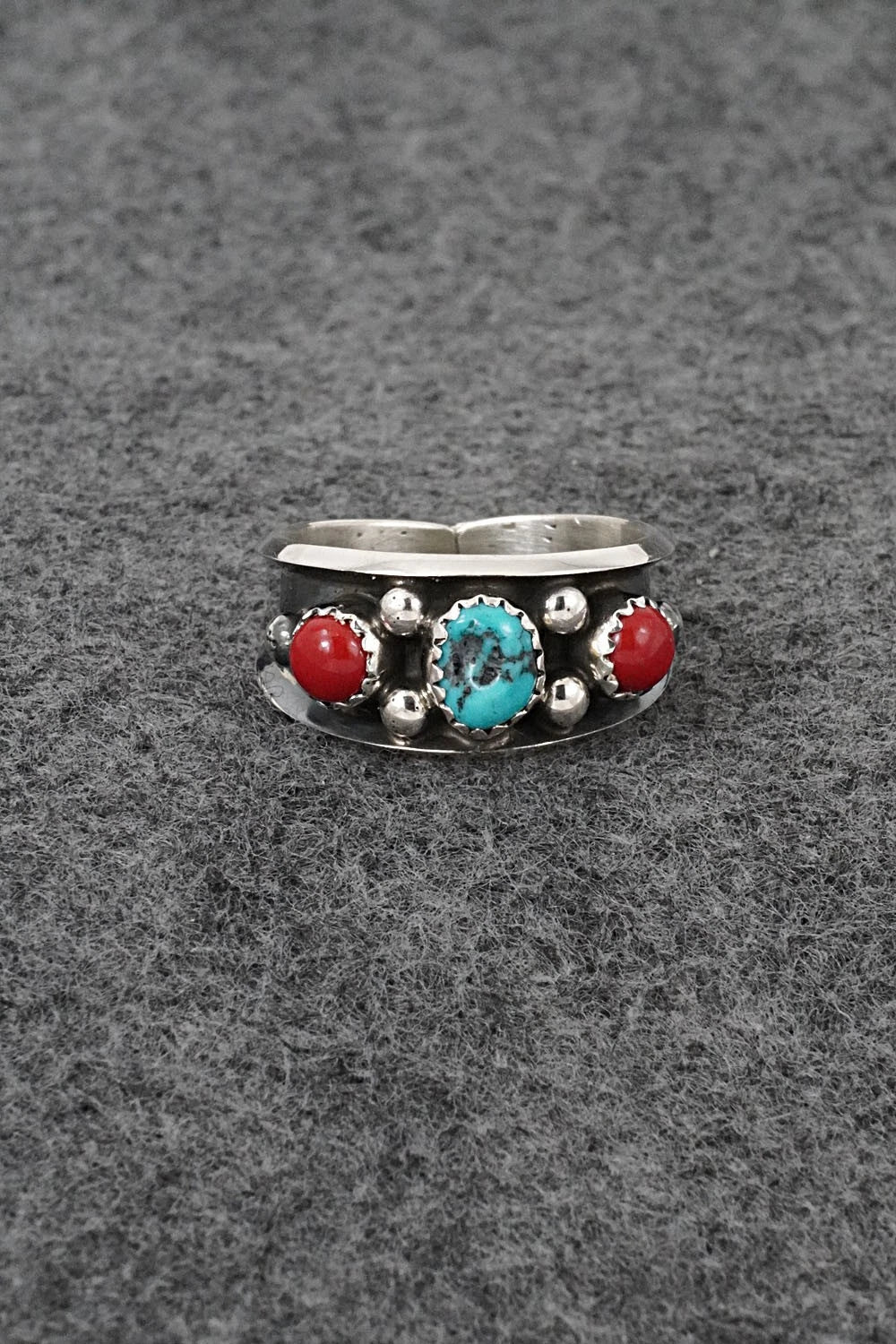 Turquoise, Coral & Sterling Silver Ring - Paul Largo - Size 10