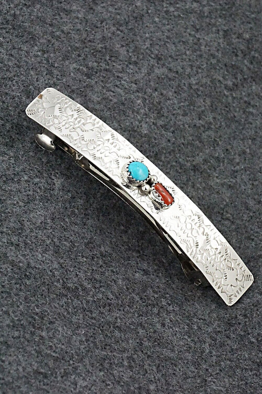 Turquoise, Coral & Sterling Silver Hair Barrette - Sally Arviso