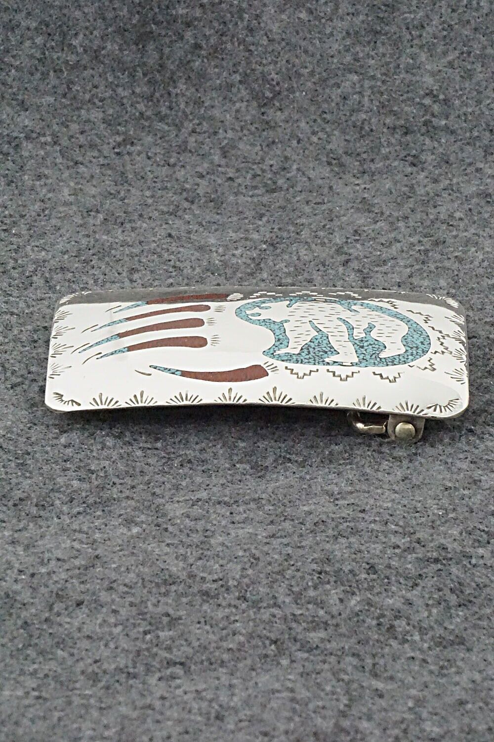 Turquoise, Coral Chip Inlay & Sterling Silver Belt Buckle - Raymond Begay