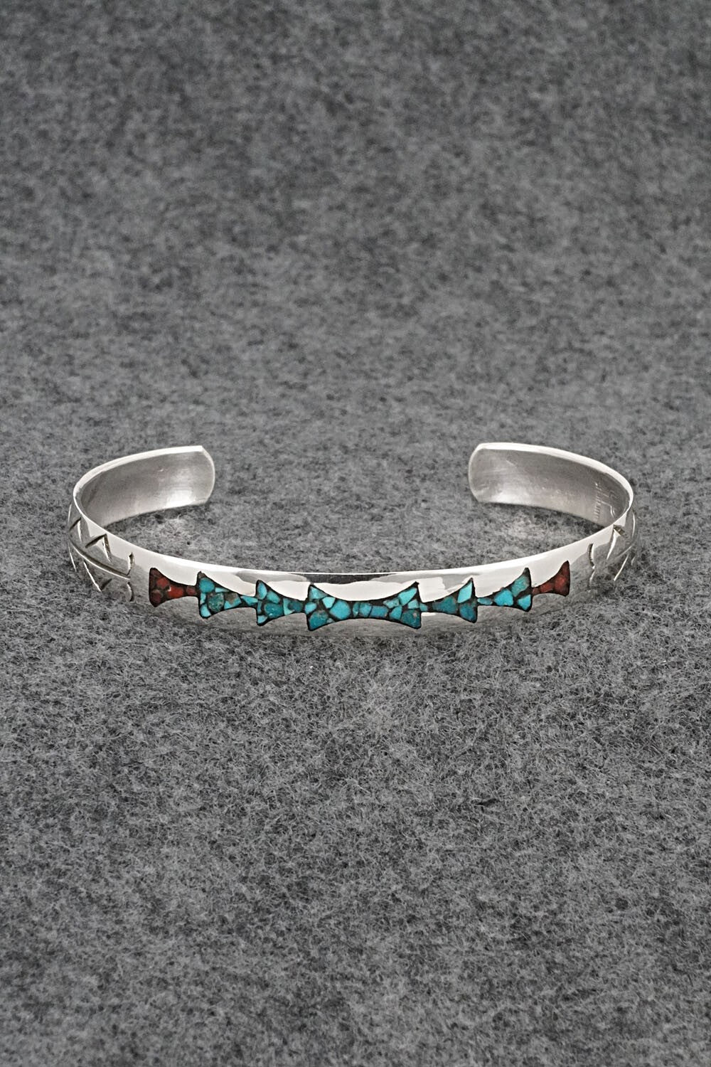 Turquoise, Coral Chip Inlay & Sterling Silver Bracelet - Joleen Yazzie