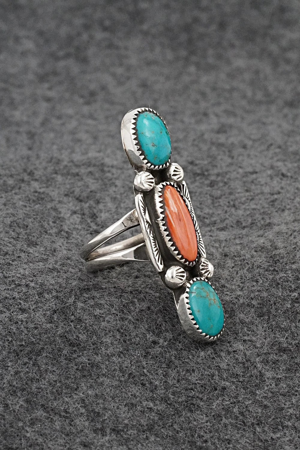 Turquoise, Spiny Oyster & Sterling Silver Ring - Priscilla Reeder - Size 8