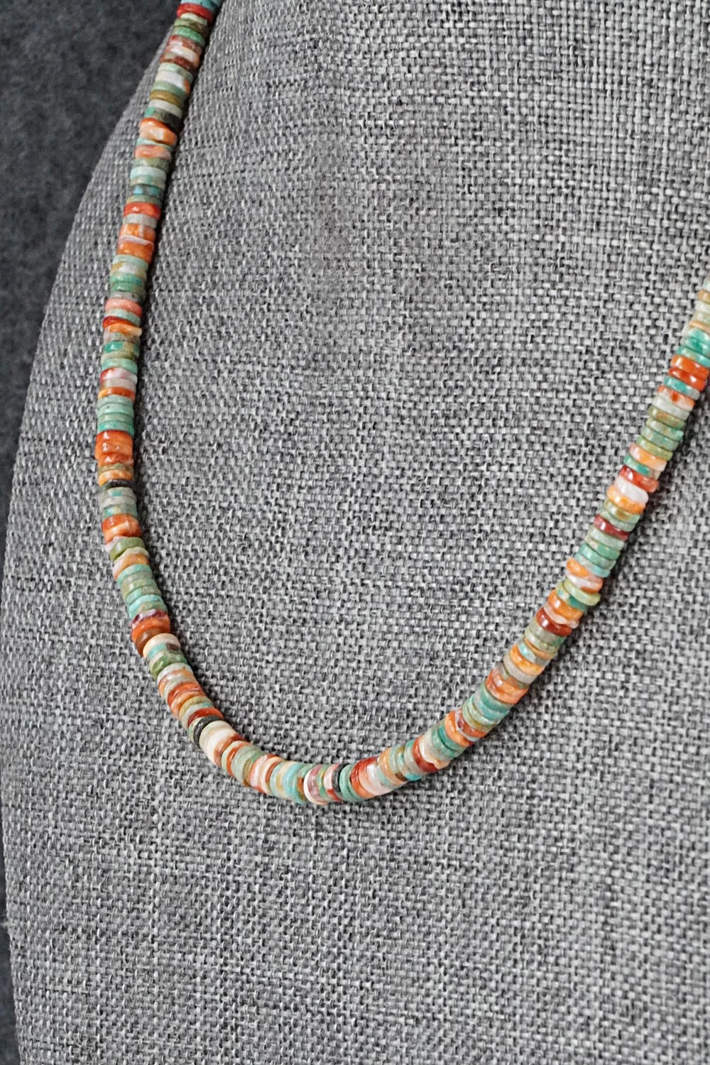 Turquoise, Spiny Oyster & Sterling Silver Necklace 17" - Doreen Jake