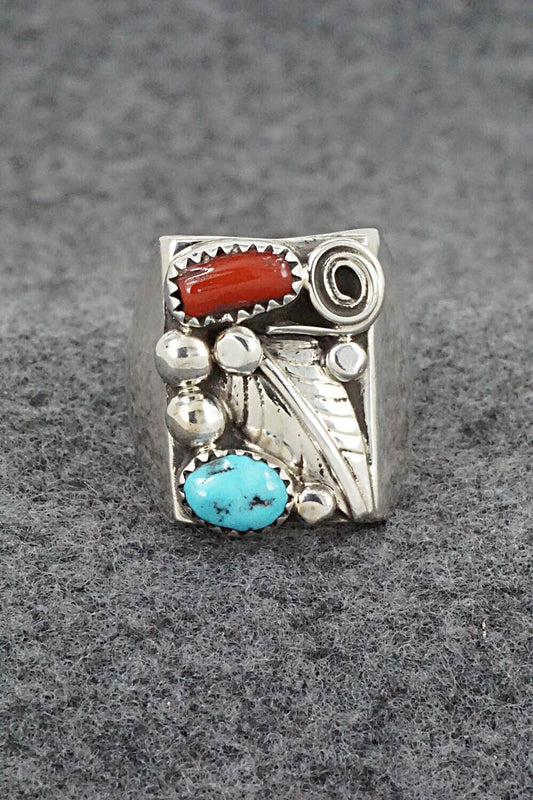 Coral, Turquoise & Sterling Silver Ring - Wilbur Myers - Size 9
