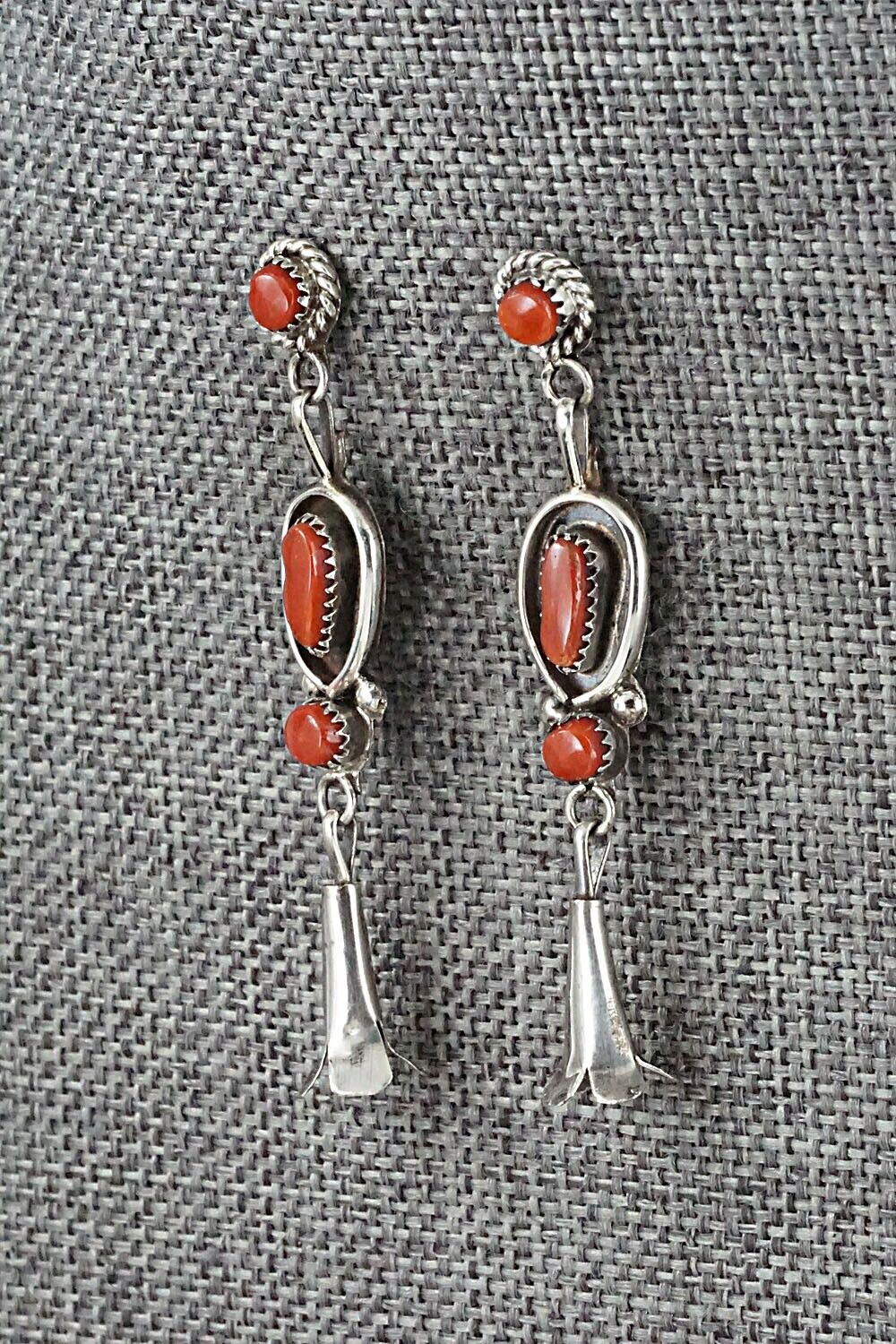 Coral & Sterling Silver Squash Blossom and Earrings Set - Vie Bobelu
