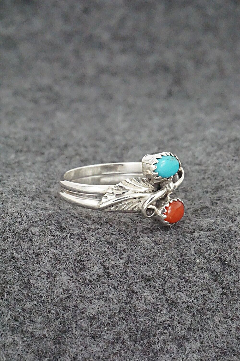 Turquoise, Coral & Sterling Silver Ring - Harry B. Yazzie - Size 7.5