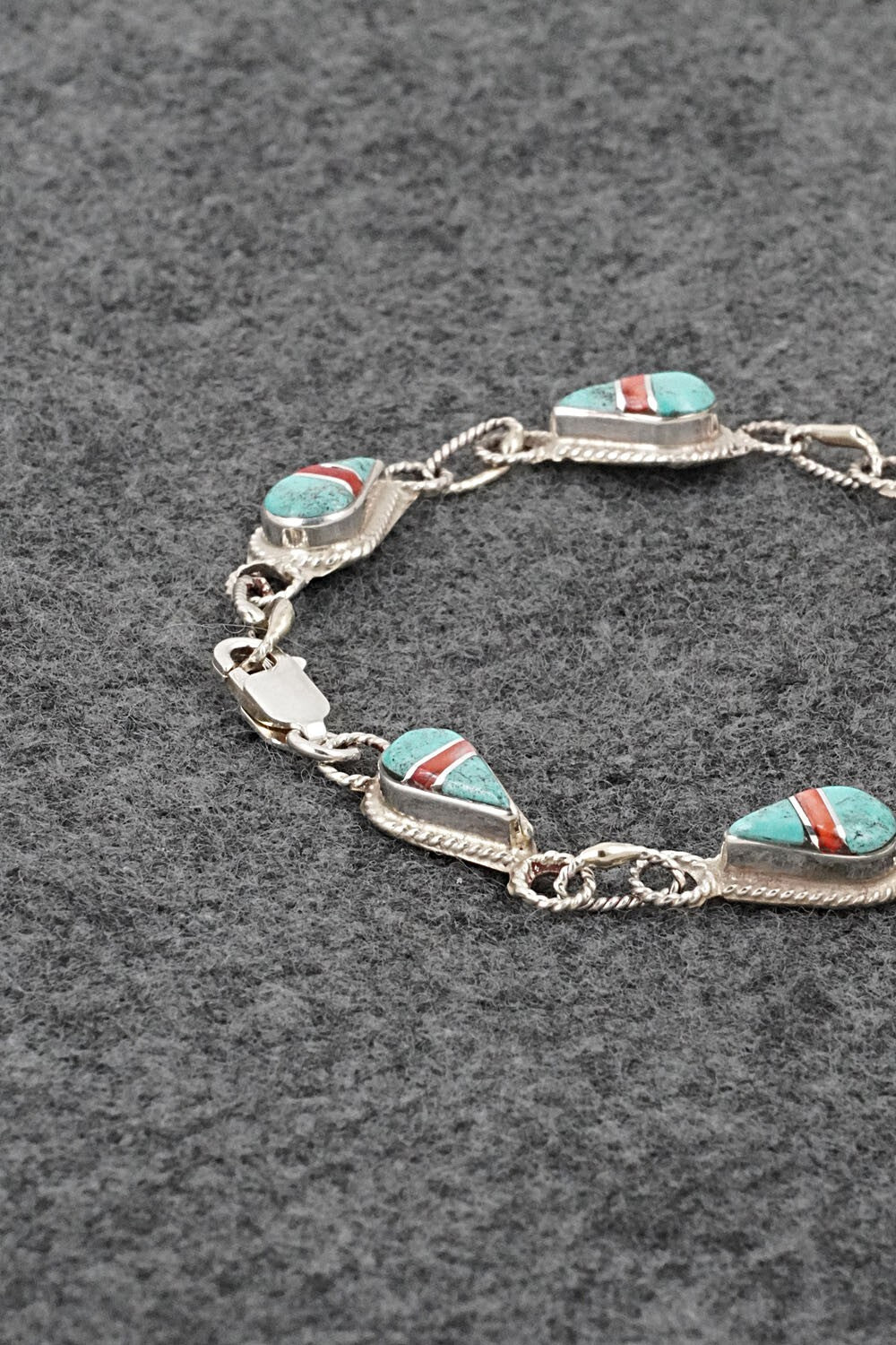 Turquoise, Coral & Sterling Silver Link Bracelet - Terrance Panteah