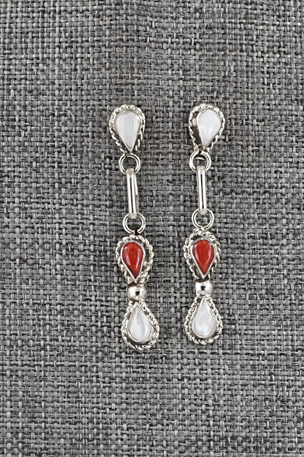 Coral, Mother of Pearl & Sterling Silver Earrings - Carol Lateyice