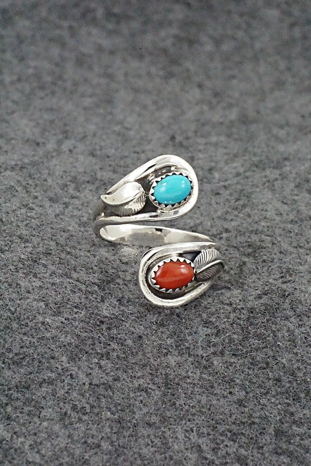 Turquoise, Coral & Sterling Silver Ring - Angela Platero - Size 9.5