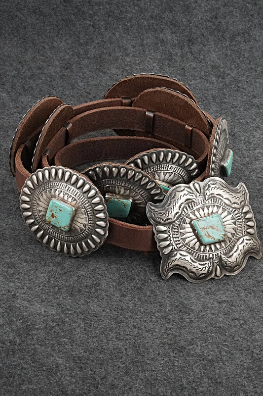 Turquoise, Sterling Silver & Leather Concho Belt - Dan Morgan