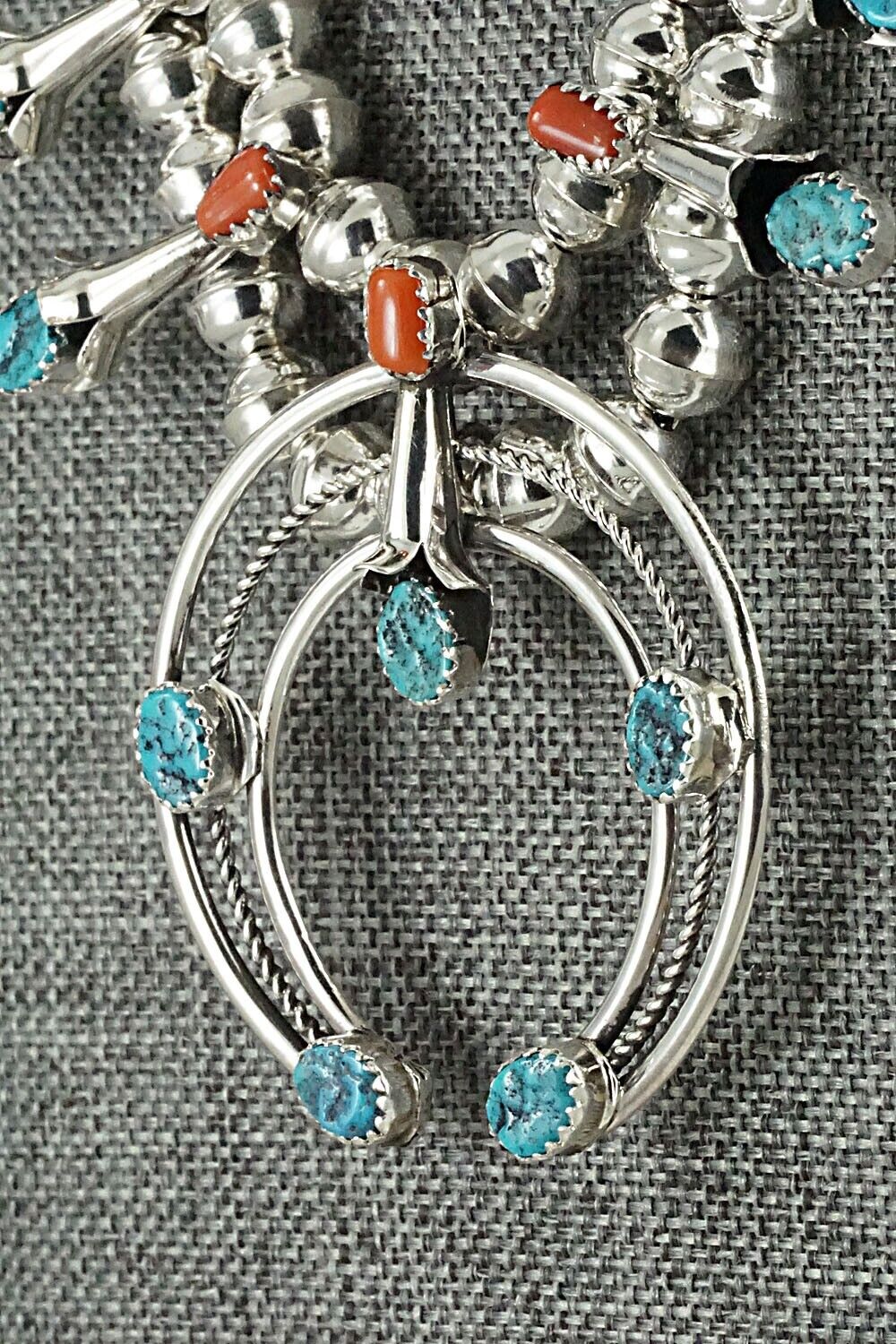 Turquoise, Coral & Sterling Silver Squash Blossom Set - Phil Garcia