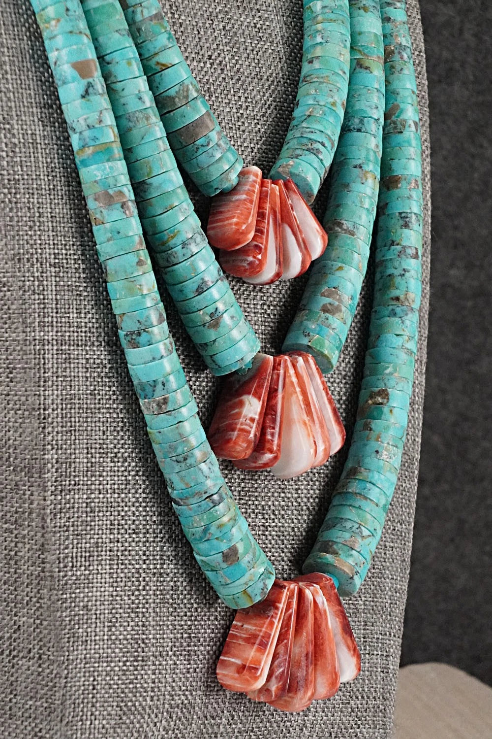 Turquoise, Spiny Oyster and Sterling Silver Necklace - Lupe Lovato
