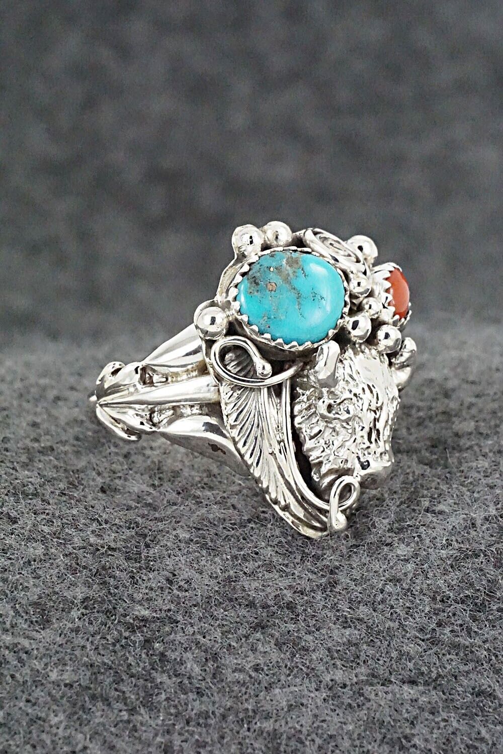 Turquoise, Coral & Sterling Silver Ring - Jeannette Saunders - Size 12