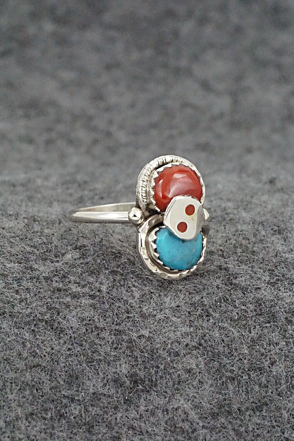 Turquoise, Coral & Sterling Silver Ring - Joy Calavaza - Size 8.5